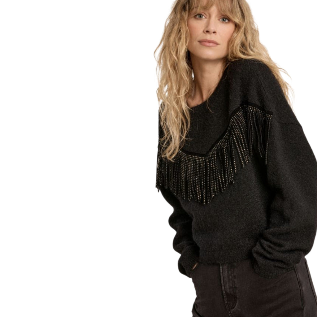 Maglione corto con frange e strass