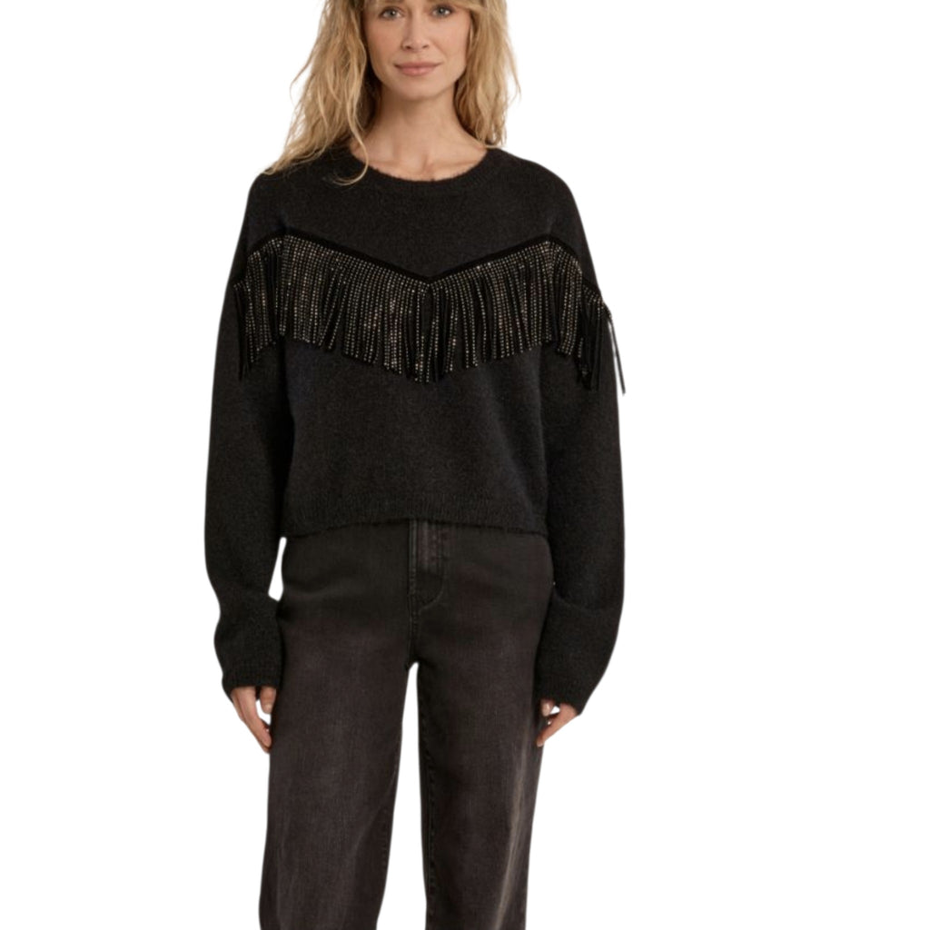 Maglione corto con frange e strass