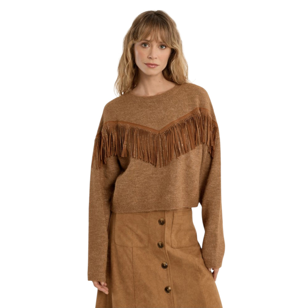 Maglione corto con frange e strass