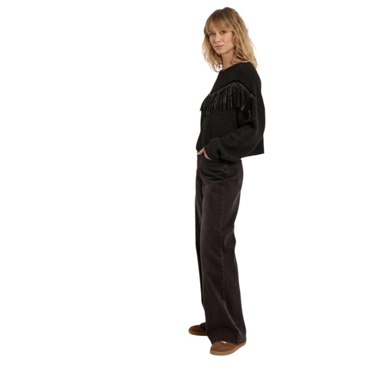 Maglione corto con frange e strass