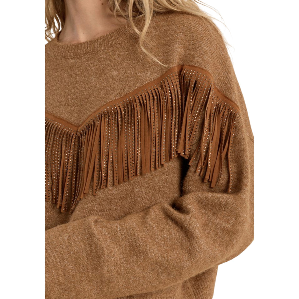 Maglione corto con frange e strass